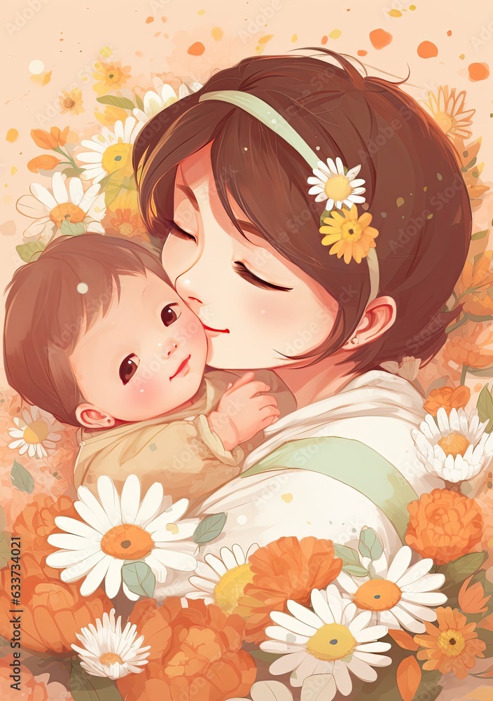 mom and daughter hugging smiling, border of flowers, Kawaii, mothers day. Ai generated mom and daughter hugging smiling, border of flowers, Kawaii, mothers day. Ai generated