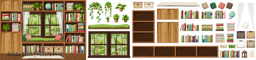 Country room interior design with bookshelves, books, houseplants, window seat, and windows with forest view. Forest cabin interior. Reading room. Furniture set. Interior constructor. Cartoon vector
