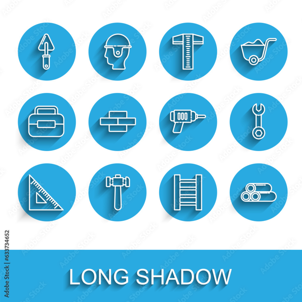Set line Triangular ruler, Hammer, Trowel, Wooden staircase, Industry metallic pipe, Bricks, Wrench spanner and Electric drill machine icon. Vector Set line Triangular ruler, Hammer, Trowel, Wooden staircase, Industry metallic pipe, Bricks, Wrench spanner and Electric drill machine icon. Vector