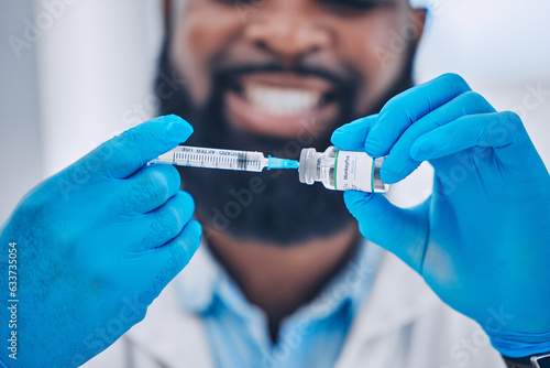 Photography Happy man, doctor and hands with syringe for vaccine, injection or flu shot in healthcare at hospital