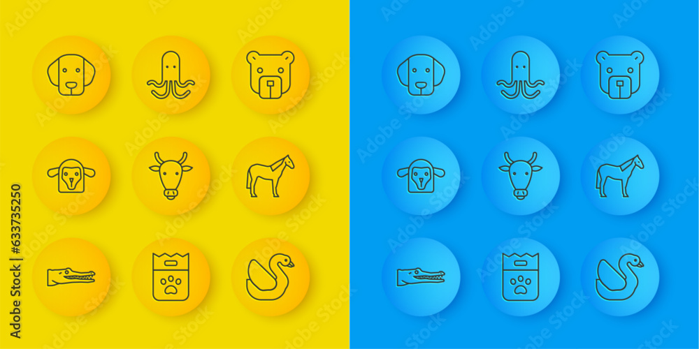 Set line Crocodile, Sheep head, Cow, Swan bird, Horse, Dog, Bear and Octopus icon. Vector Set line Crocodile, Sheep head, Cow, Swan bird, Horse, Dog, Bear and Octopus icon. Vector