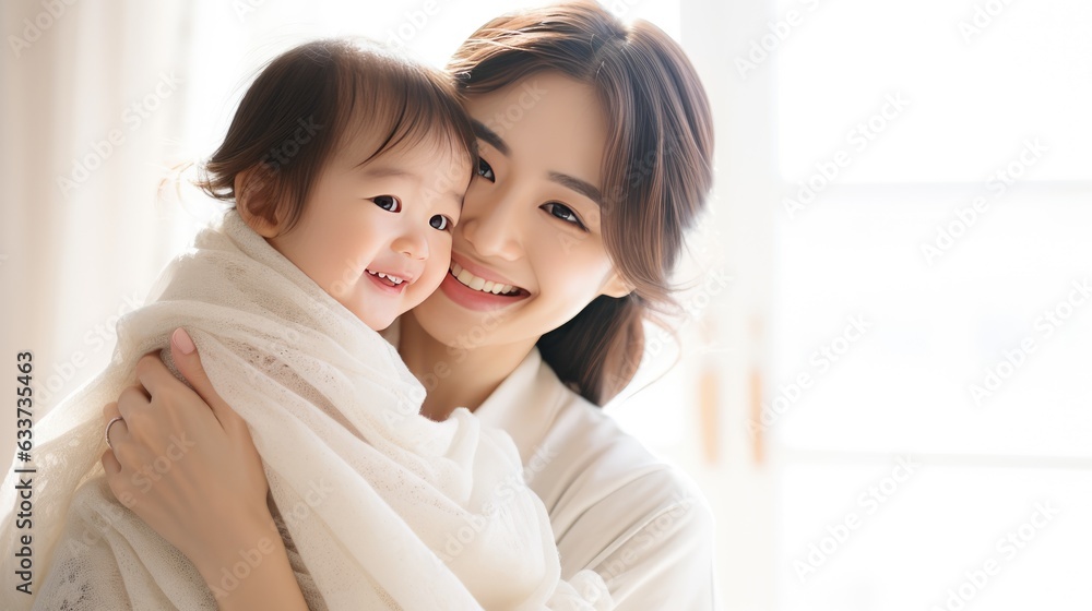Asian beautiful young mother with a baby laughing to the camera. created by generative AI technology. Asian beautiful young mother with a baby laughing to the camera. created by generative AI technology.
