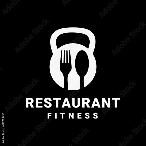Inspiration Kettle bell with Spoon and Fork Vintage Retro Healthy Restaurant Logo vector design template, icon, symbol. Dark background