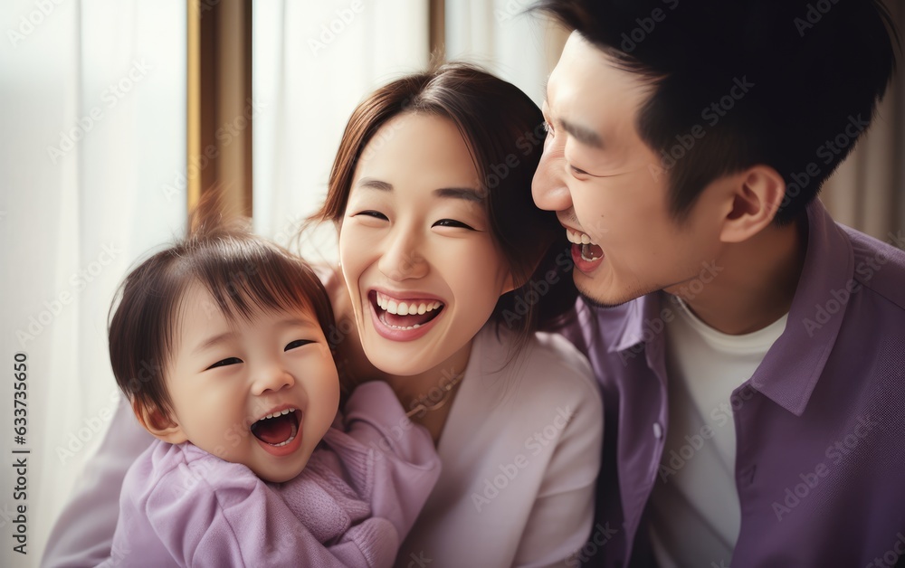 Happy family, smiling and laughing, wearing bright clothes. blue sky background. created by generative AI technology. Happy family, smiling and laughing, wearing bright clothes. blue sky background. created by generative AI technology.