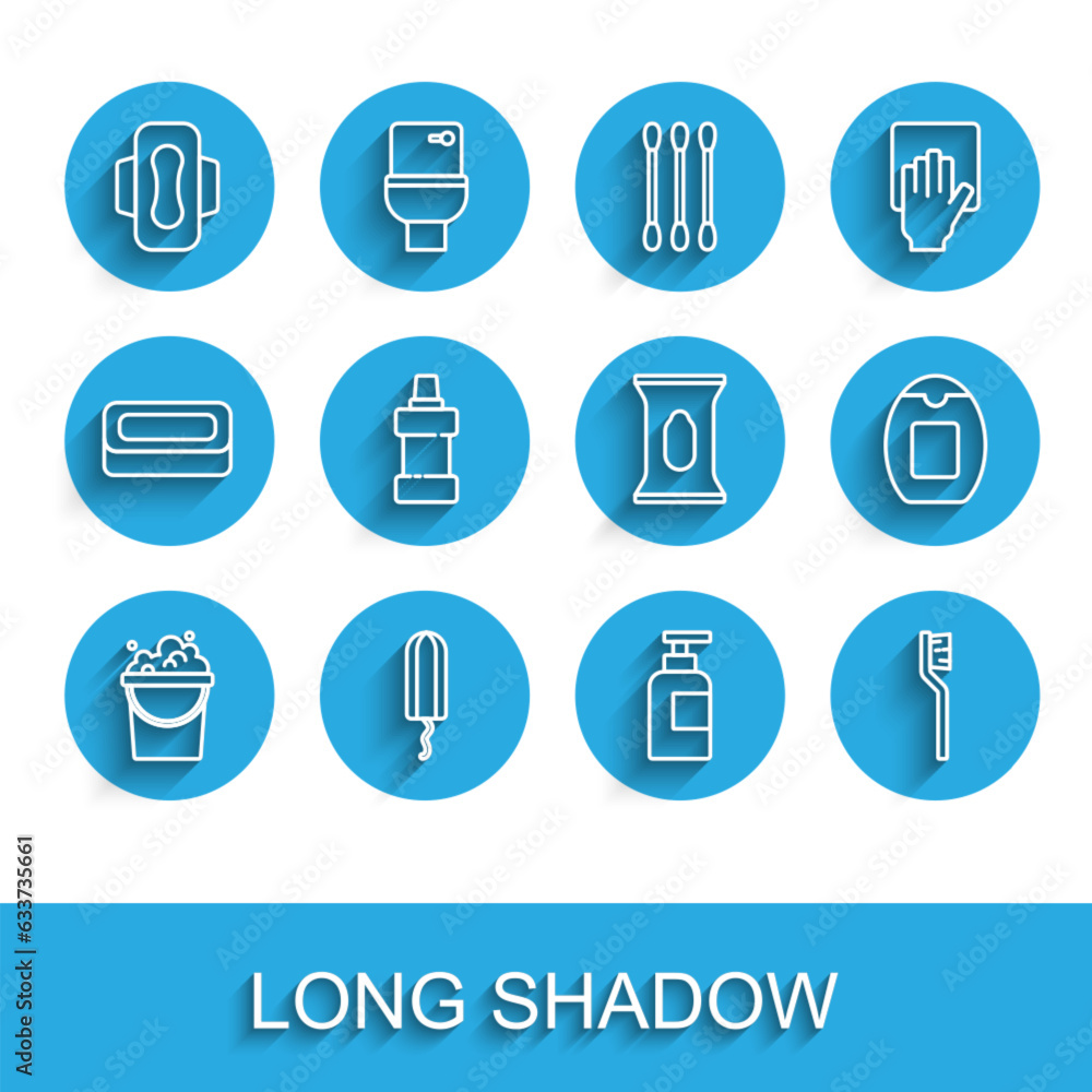 Set line Bucket with soap suds, Sanitary tampon, napkin, Bottle of shampoo, Toothbrush, for cleaning agent, and Wet wipe pack icon. Vector Set line Bucket with soap suds, Sanitary tampon, napkin, Bottle of shampoo, Toothbrush, for cleaning agent, and Wet wipe pack icon. Vector
