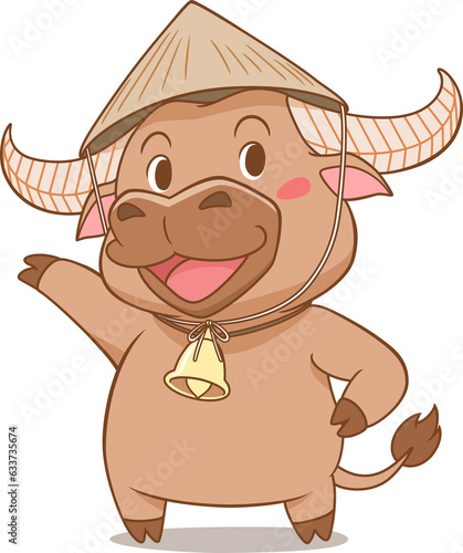 Cartoon character of cute buffalo wearing Vietnamese Conical Hat. photo