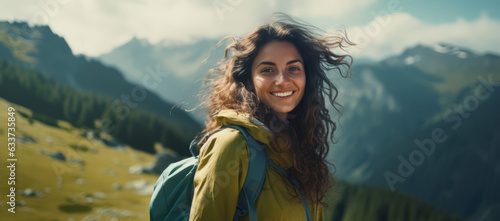 Woman hiking on mountains. Generative AI
