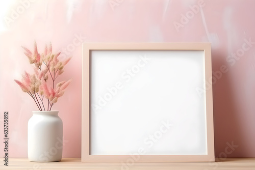 Tree wooden empty frame on table mockup little plants pink generator by AI