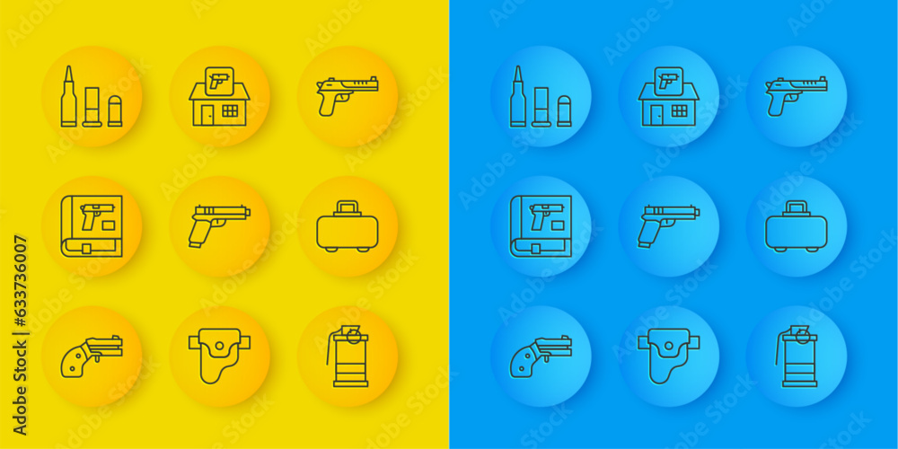 Set line Small gun revolver, Book with pistol or, Pistol, Hand smoke grenade, Weapon case, Bullet, Desert eagle and Hunting shop weapon icon. Vector Set line Small gun revolver, Book with pistol or, Pistol, Hand smoke grenade, Weapon case, Bullet, Desert eagle and Hunting shop weapon icon. Vector