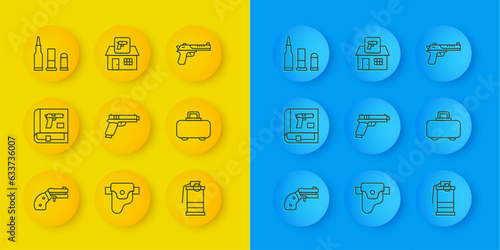 Set line Small gun revolver, Book with pistol or, Pistol, Hand smoke grenade, Weapon case, Bullet, Desert eagle and Hunting shop weapon icon. Vector