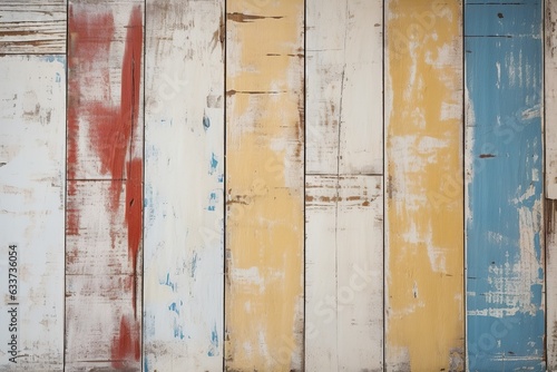  Vintage wood boards with cracked paint of white, red, yellow and blue color. Vertical or Horizon retro background with wooden planks of different colors © JetHuynh