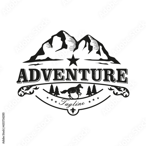Mountain star emblem template with equestrian silhouette. Wild west vintage rodeo badge. Vector illustration.