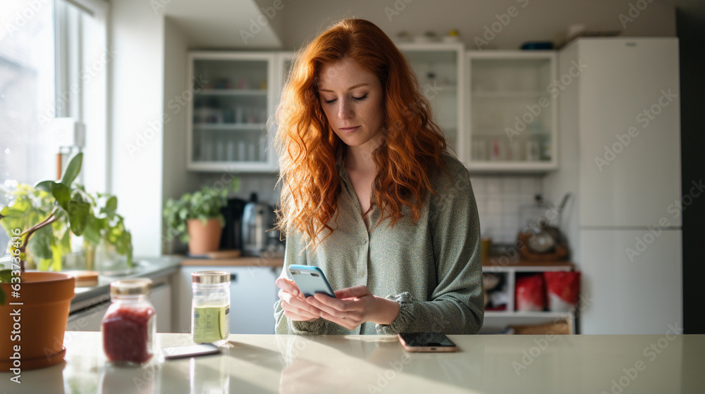 Girl Engaged with Her Phone in the Kitchen Girl Engaged with Her Phone in the Kitchen