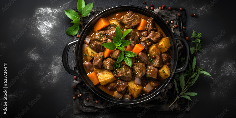 Beef meat stew with potatoes carrot and delicious  on a dark table