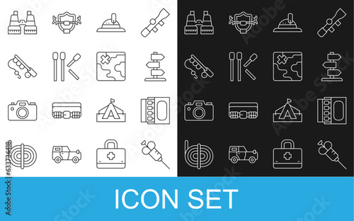 Set line Syringe, Matchbox and matches, Road traffic sign, Hunter hat, Matches, Fishing rod, Binoculars and Africa safari map icon. Vector