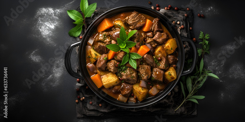 Beef meat stew with potatoes carrot and delicious on a dark table
