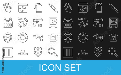 Set line Magnifying glass with search, Flasher siren, Safe, Hand smoke grenade, Bullet, Bulletproof vest, Plastic bag ziplock and Pistol or gun icon. Vector