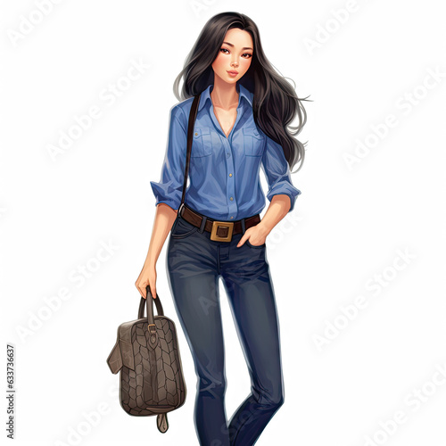 Fashionable brunette woman in blue shirt and jeans with bag