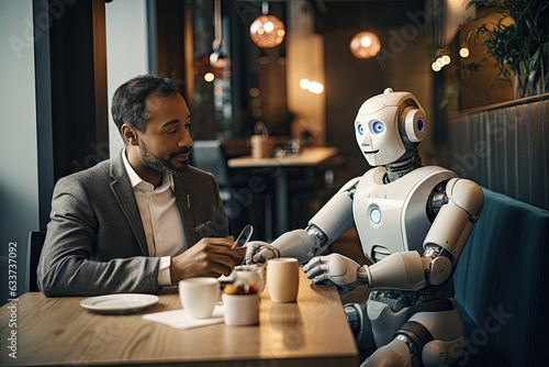 Coffee break. Cheerful bearded man sitting at the table and talking with his robot