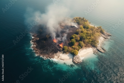 Illustration of an burning island from drone perspective, generative ai