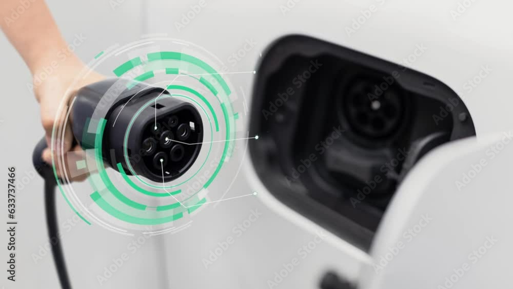 Focus EV charger pointing in front of camera display futuristic smart