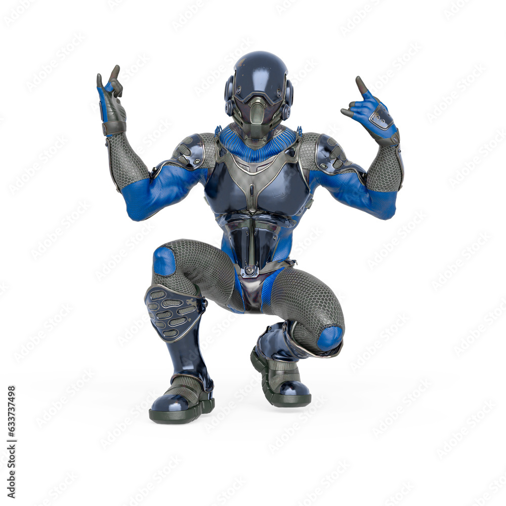 futuristic astronaut is crouched and doing a heavy metal pose in white background futuristic astronaut is crouched and doing a heavy metal pose in white background