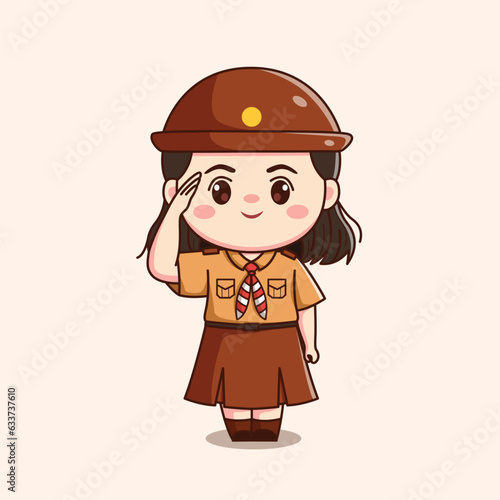 indonesian scout girl saluting cute kawaii chibi character illustration
