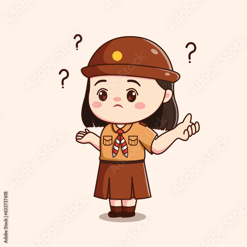 indonesian scout girl feeling confused cute kawaii chibi character illustration