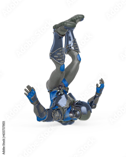 futuristic astronaut is fallen on the ground in white background
