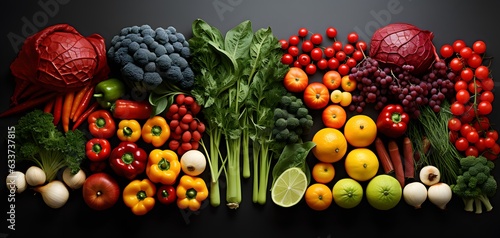 Organic Grid: Minimalist Arrangement of Fruits and Vegetables in Cranberrycore Style photo