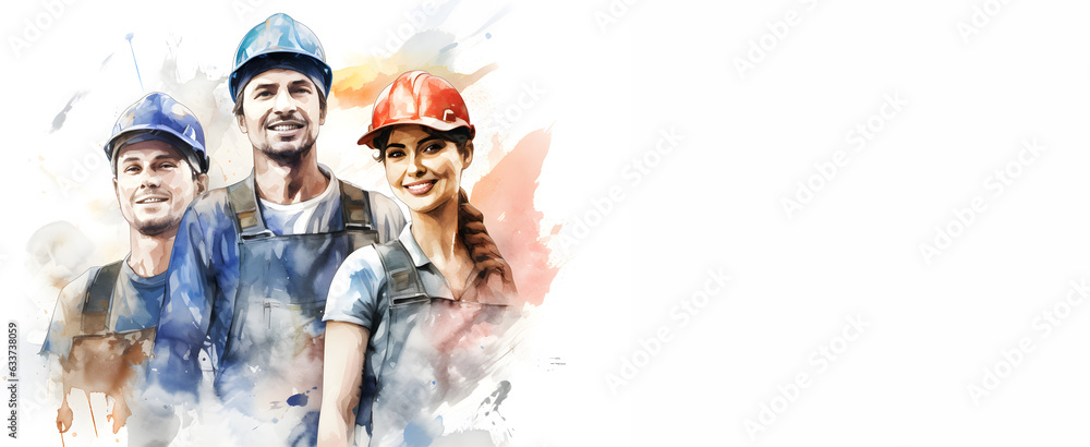 Group of a construction workers, Engineer team, Industry factory worker, Labor in watercolor style, generative AI