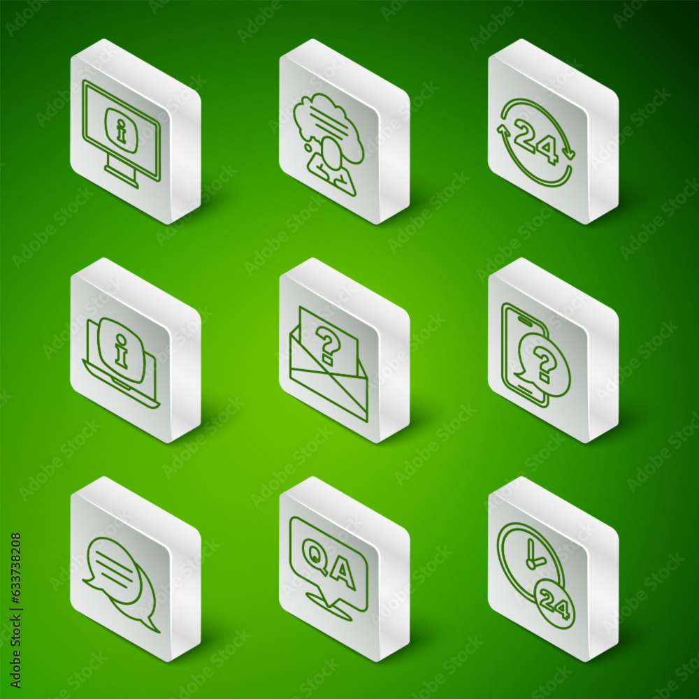 Set line Clock 24 hours, Question and Answer, Monitor with information, Envelope question mark, Laptop, Speech bubble chat, and Telephone support icon. Vector Set line Clock 24 hours, Question and Answer, Monitor with information, Envelope question mark, Laptop, Speech bubble chat, and Telephone support icon. Vector