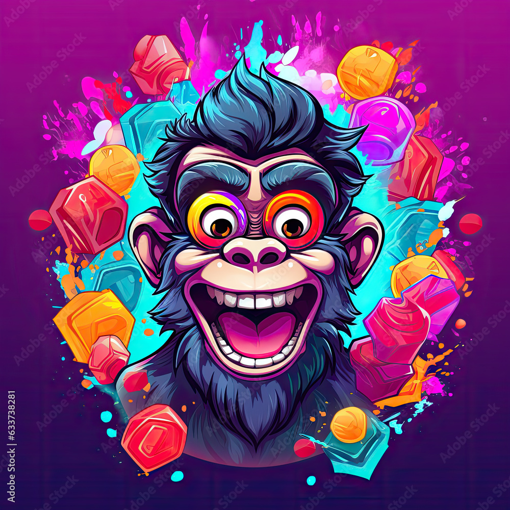 illustration of funny monkey with colorful cubes on purple background. Cartoon style.