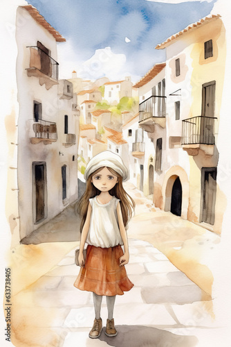 watercolor painting of a little girl on the street 