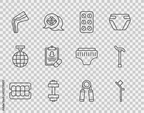 Set line False jaw, Crutch or crutches, Pills in blister pack, Dumbbell, Bone pain, Medical prescription, Sport expander and Walking stick cane icon. Vector
