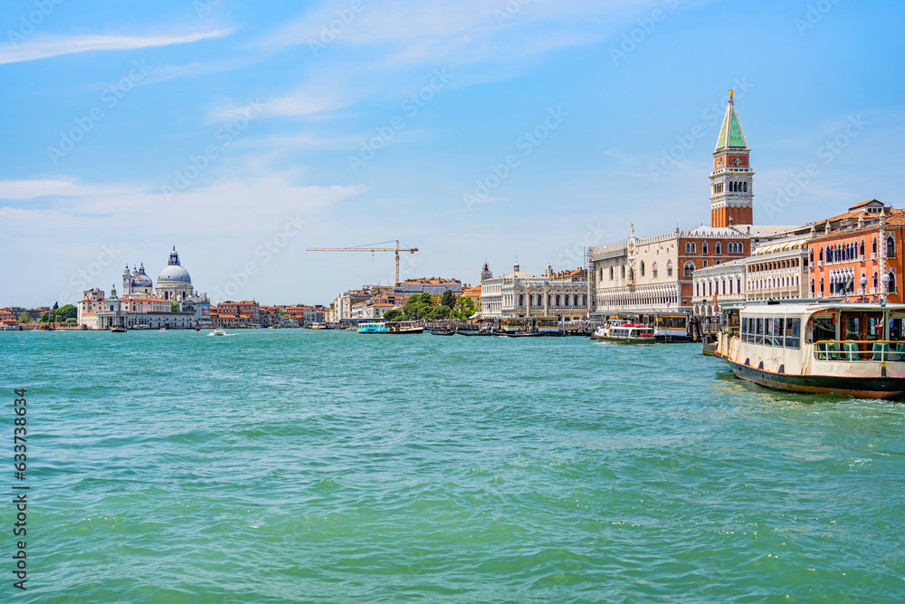 Beautiful scenic landscape from the Grand Canal with Church of San Giorgio Maggiore and St Marks Campanile in Venice, Italy.