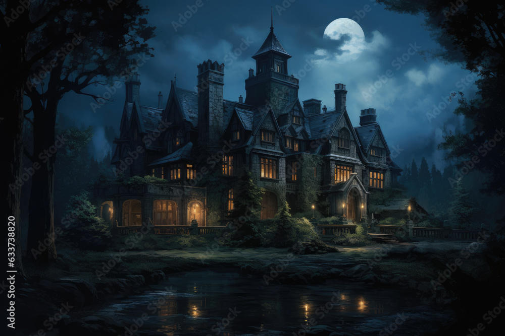 Halloween background with haunted house in the forest and full moon.