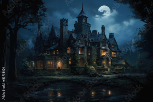 Halloween background with haunted house in the forest and full moon. © ebhanu