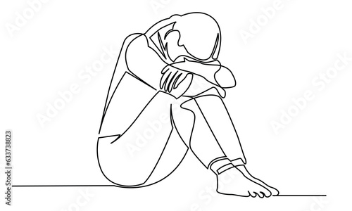 Continuous line drawings of a young woman's sad emotional shock, loss, grief, life problems, confusion messy feelings worried about bad mental health. The concept of failure and heartbreak is isolated