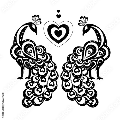 peacock valentine card silhouette illustration of couple Love Birds perched on a branch of a Tree valentine day theme vector flat color style background