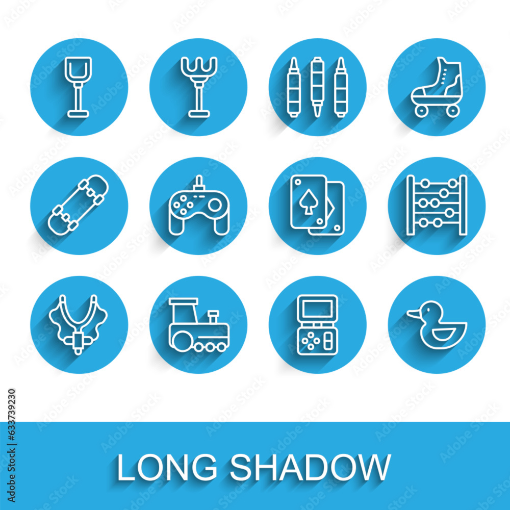 Set line Slingshot, Toy train, Shovel toy, Tetris electronic game, Rubber duck, Gamepad, Abacus and Playing cards icon. Vector Set line Slingshot, Toy train, Shovel toy, Tetris electronic game, Rubber duck, Gamepad, Abacus and Playing cards icon. Vector
