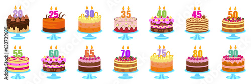 Set of  vector cakes with burning candles of different design for birthday, wedding, holiday, anniversary