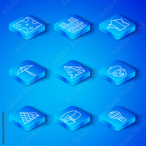 Set line Louvre glass pyramid, Cheese, French mime, Map of France, Umbrella for beach, and Hot air balloon icon. Vector