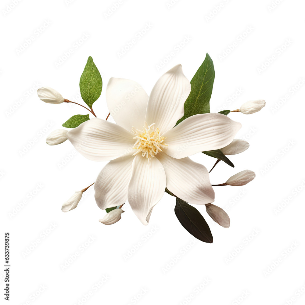White jasmine flower contrasts against transparent background in an exquisite manner White jasmine flower contrasts against transparent background in an exquisite manner