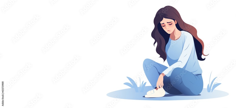 Sad lonely woman character sitting on the floor. Flat banner with copy space.