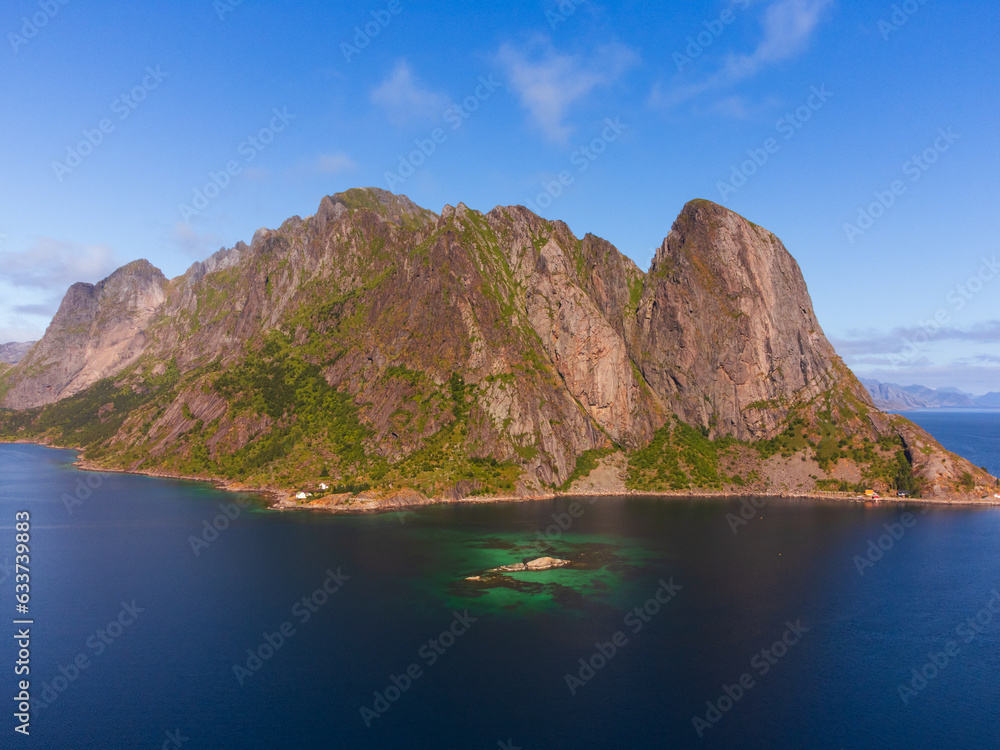 aerial view of mountains in the lofoten islands in norway, deep blue sea, blue sky aerial view of mountains in the lofoten islands in norway, deep blue sea, blue sky