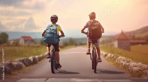 Two boys with backpacks on bicycles going to school. Generative AI
