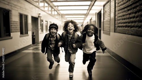 Three happy laughing children in their 10s running on the corridor of a school. The scene takes place in the morning. Back to the school or vacation starting theme. Image made by Generative AI