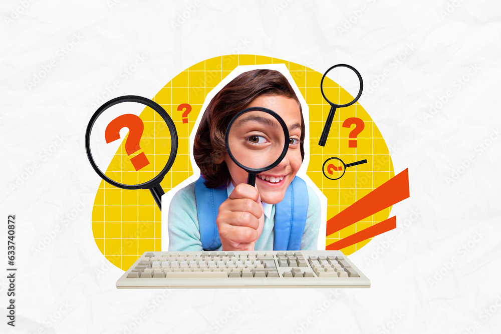 Schoolboy collage hold magnifying glass loupe nerd find answer his