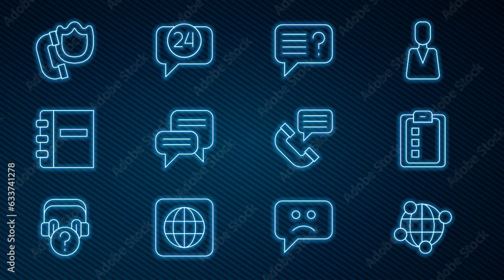 Set line Global technology, Online quiz, test, survey, Unknown search, Speech bubble chat, Notebook, Telephone handset with shield, conversation and 24 hours support icon. Vector Set line Global technology, Online quiz, test, survey, Unknown search, Speech bubble chat, Notebook, Telephone handset with shield, conversation and 24 hours support icon. Vector